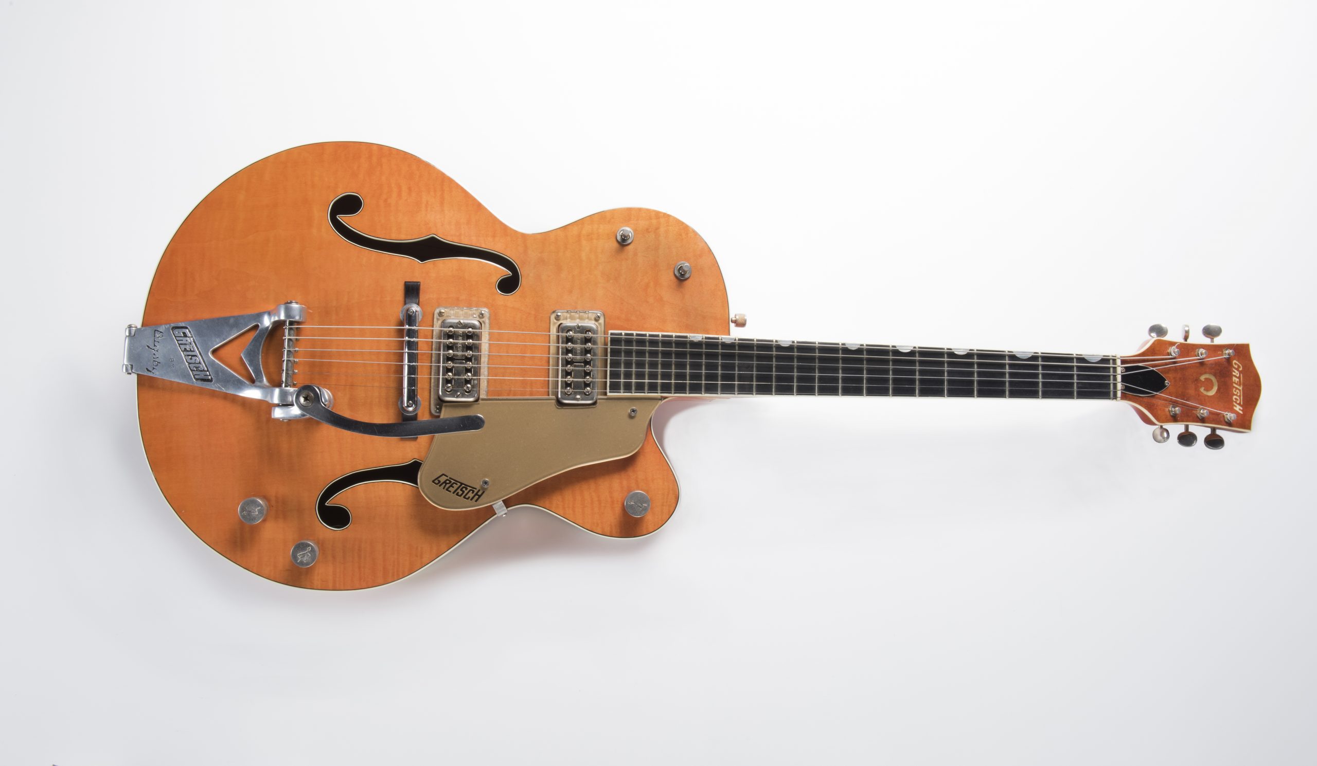 A gretsch gibson fender stratocaster guitar on a white background at the Canadian Museum of History in Ottawa.