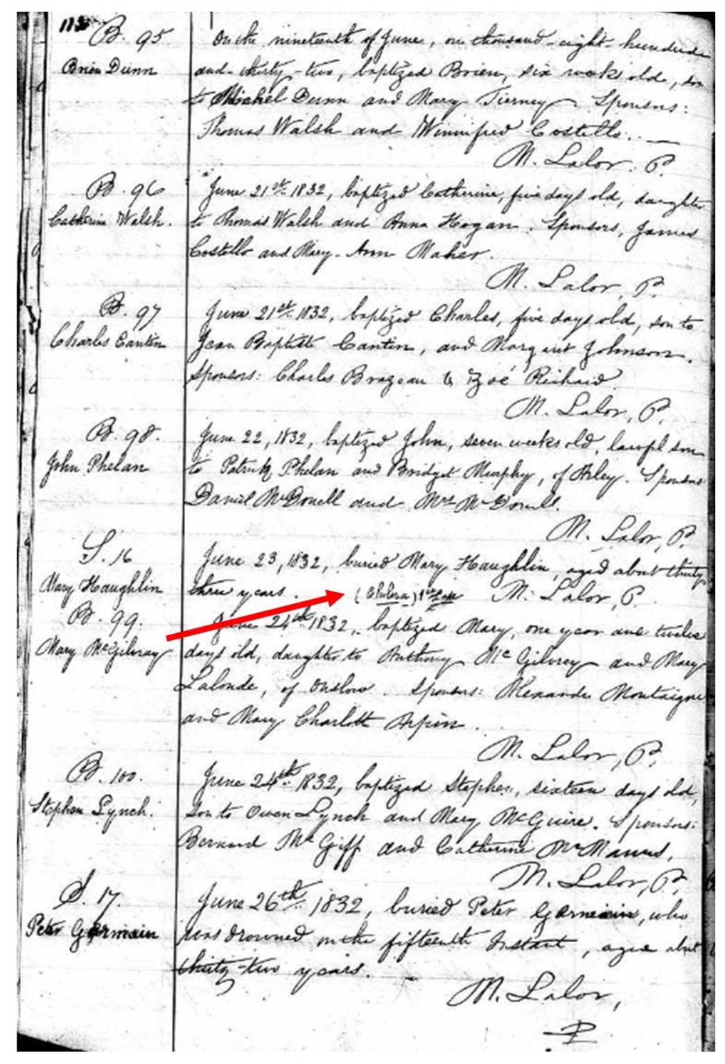 Catholic baptism, marriage and burial registry. The red arrow identifies the first cholera victim buried at the Barrack Hill Cemetery.