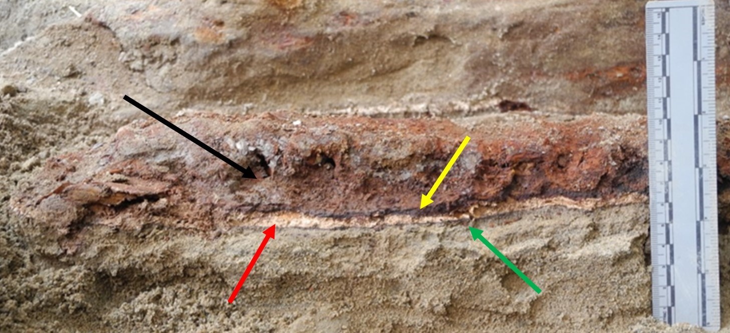 Cross-sectional of the soil showing oxidization on the coffin.