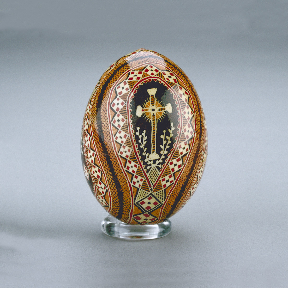 A wooden egg with a cross on it displayed at the Canadian Museum of History in Ottawa.