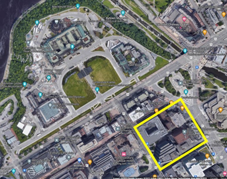 Downtown Ottawa with the streets surrounding the location of the 19th century cemetery highlighted in yellow.