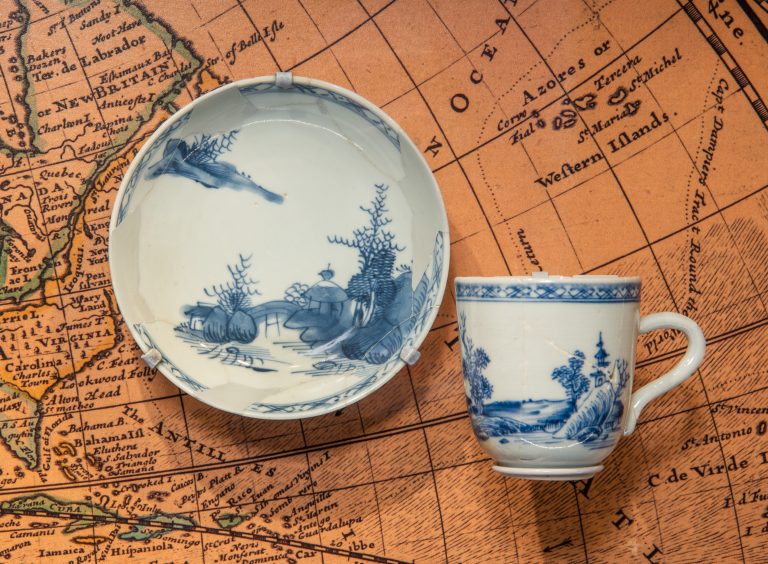 Chinese export porcelain cup and saucer found at the wreck site of the Machault, a French ship that sank in the Restigouche River estuary (Quebec) in 1760.