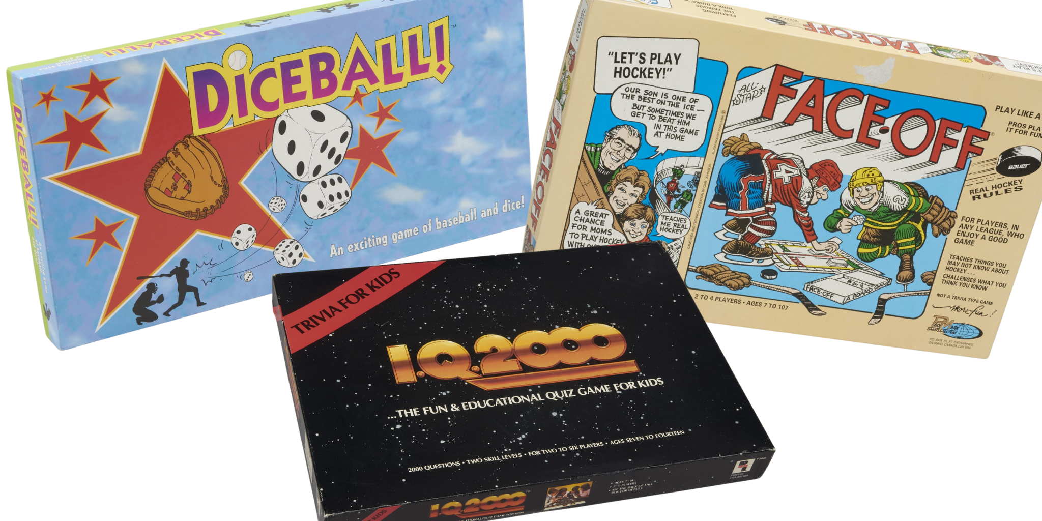 Packaging for Diceball, IQ 2000 Plus, and Face Off.