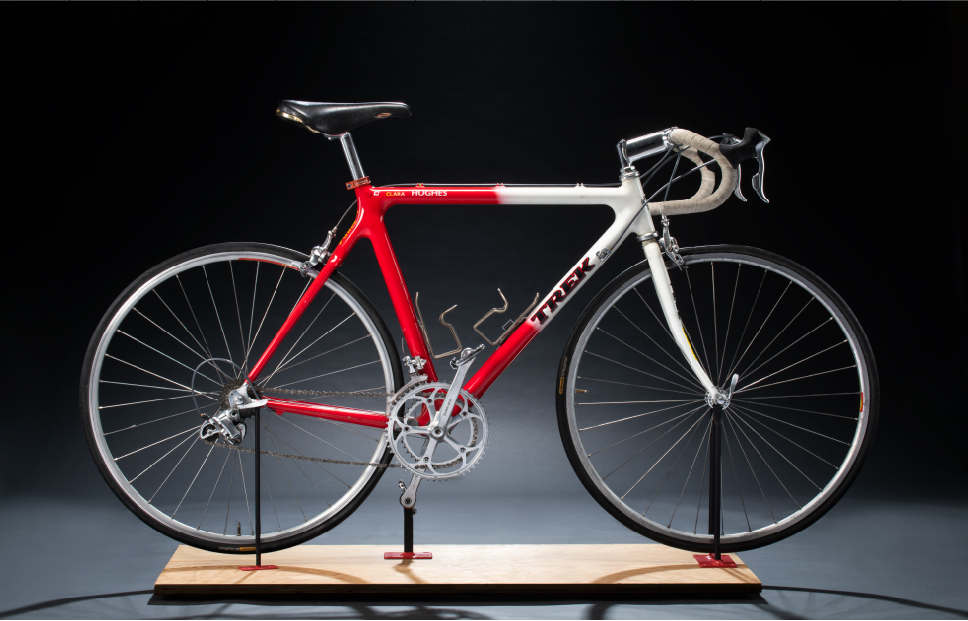 Red and white bicycle was used by Olympian Clara Hughes in the 1996 Summer Games in Atlanta, Georgia.