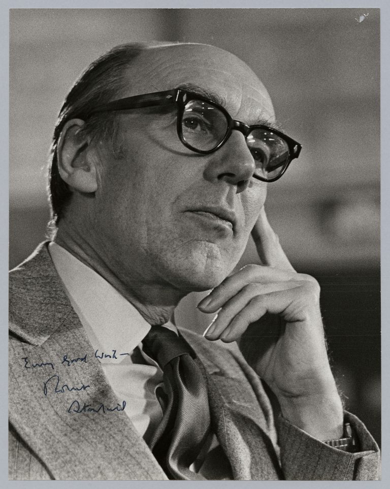 Black and white photograph of Robert Stanfield wearing a suit and tie.