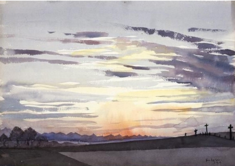 watercolour painting of a sunset with purple tones