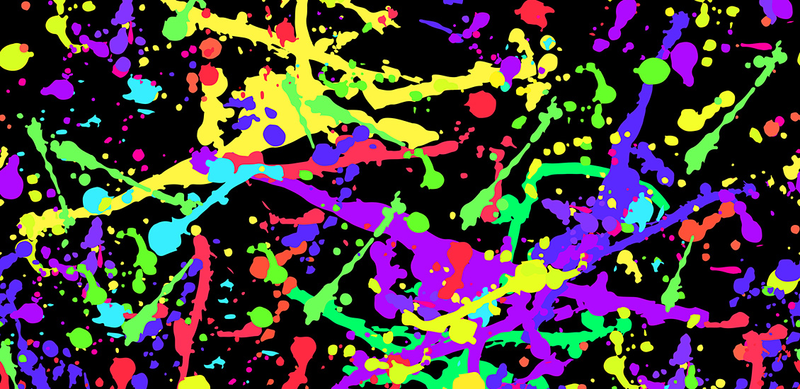 Colourful splatter pattern, on black background