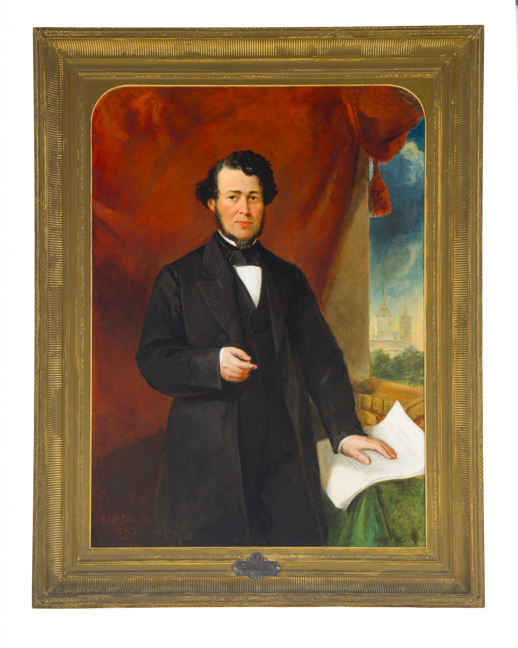 Painted portrait of a man with dark hair wearing a suit.