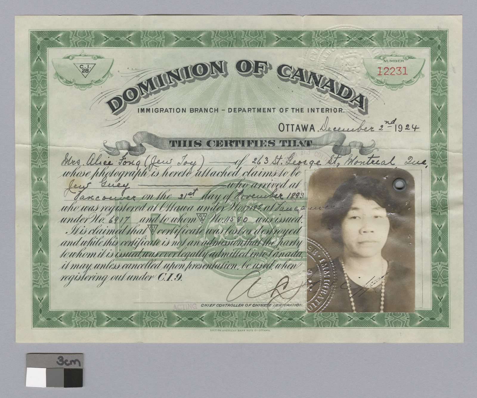 Department of Immigration and Colonization certificate for Alice Fong