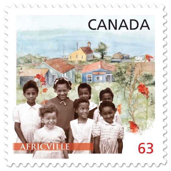 Canadian postage stamp picturing seven children in front of houses in Africville, Nova Scotia.