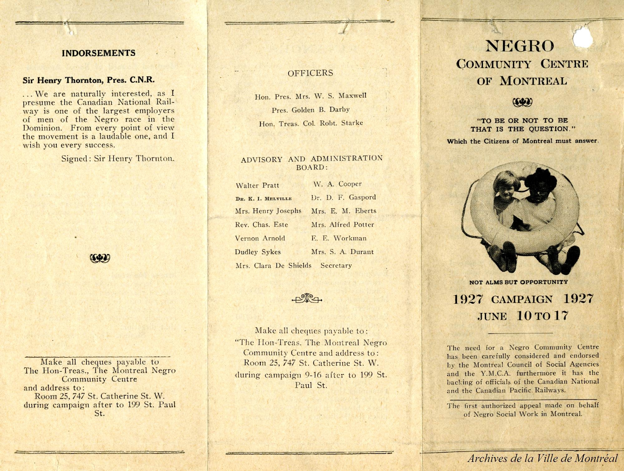 Negro Community Center of Montreal subscription pamphlet