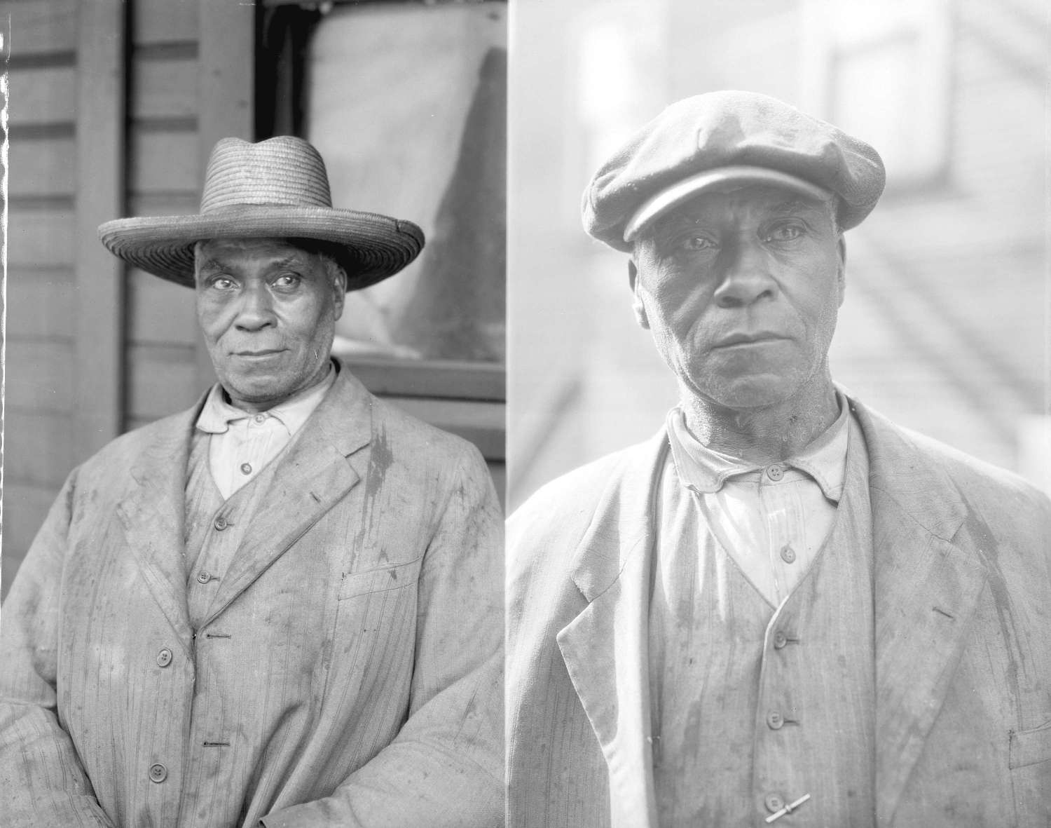 Black-and-white image showing two separate portraits of Fielding William Spotts Jr. standing in front of his home.