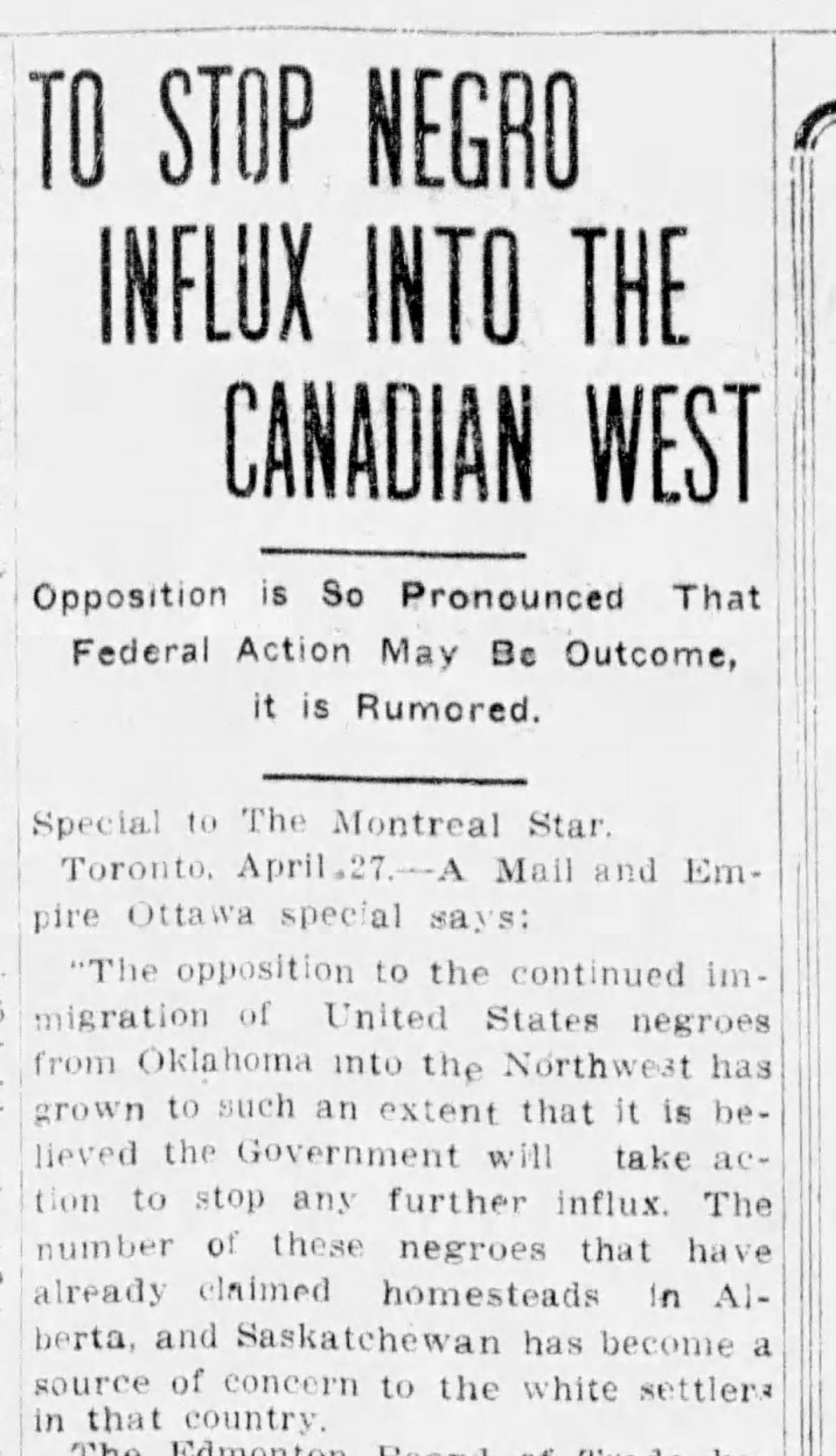 Black-and-white news article with the headline “To Stop Negro Influx into the Canadian West.”