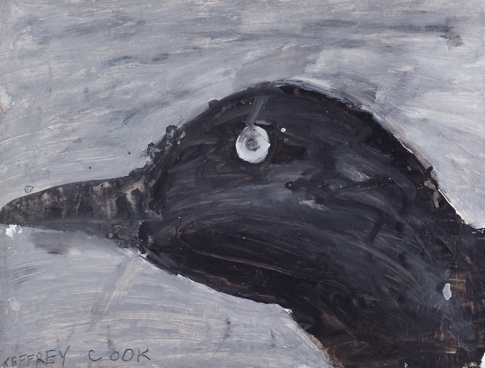 Painting of a raven’s head. The raven is painted in black, and the background is grey.